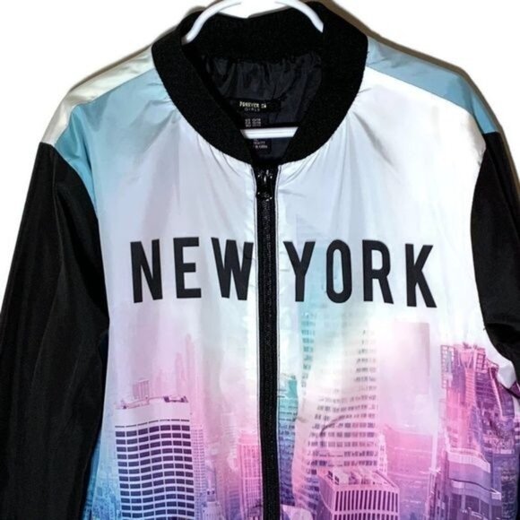 Forever 21 Girls NYC Graphic Bomber Jacket Size 13/14 - Picture 2 of 8